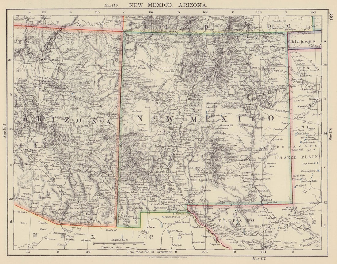 USA MOUNTAIN STATES. New Mexico & Arizona. Railroads. JOHNSTON 1901 old map: Title: USA MOUNTAIN STATES. New Mexico & Arizona. Railroads. JOHNSTON 1901 old map Description: New Mexico, Arizona'. W. & A.K. Johnston, Limited Edinburgh & London. Published 1901. Antique colour atl