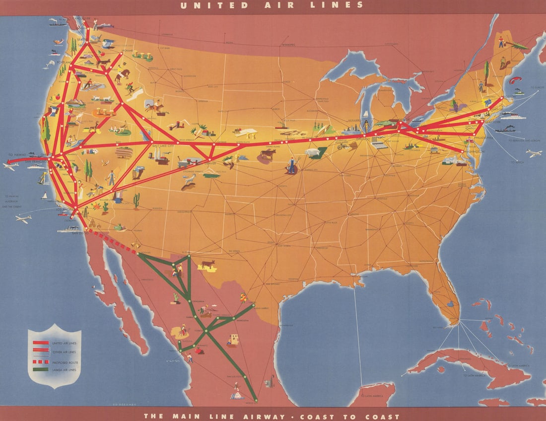 United Air Lines. The main line airway. Pictorial network route map 16"x21" 1946 (1 of 1)