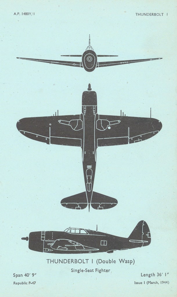 Republic P-47 Thunderbolt I fighter. Aircraft recognition profile 1944 print (1 of 1)