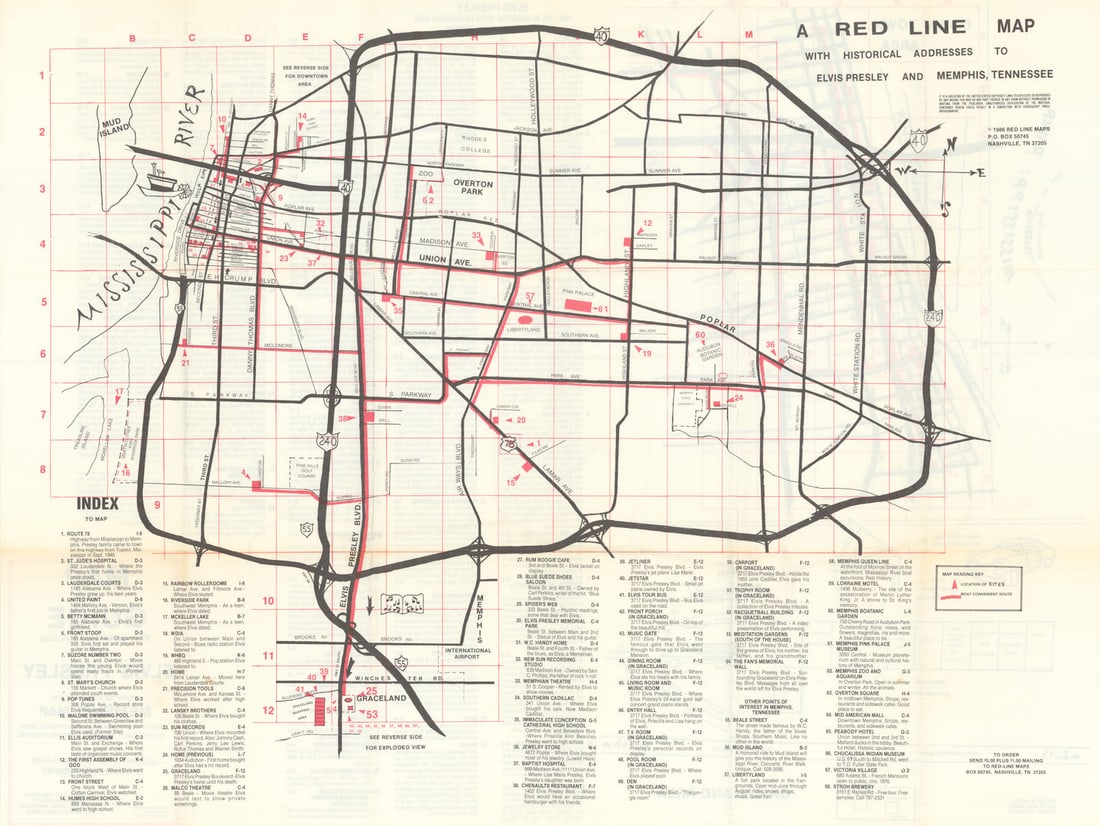 Elvis Presley fan map of Memphis by Red Line maps. Graceland &c 1986 old (1 of 1)