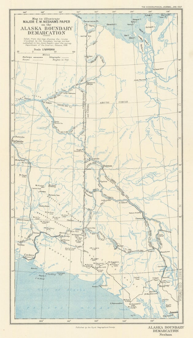 Alaska Boundary Demarcation. Yukon, Canada. RGS/Major E. W. Nesham 1927 map (1 of 1)