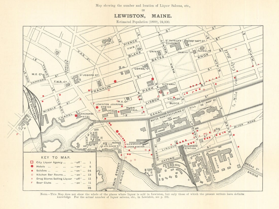 Lewiston, Maine liquor saloons. Temperance/Prohibition/drink map. Rowntree 1899 (1 of 1)