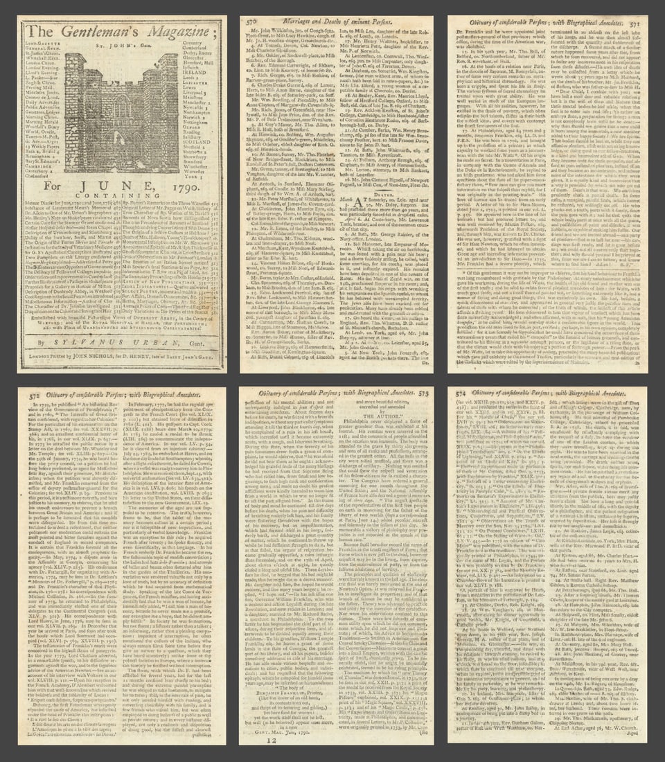 Benjamin Franklin obituary printed in the Gents Magazine. 17th April 1790 (1 of 1)