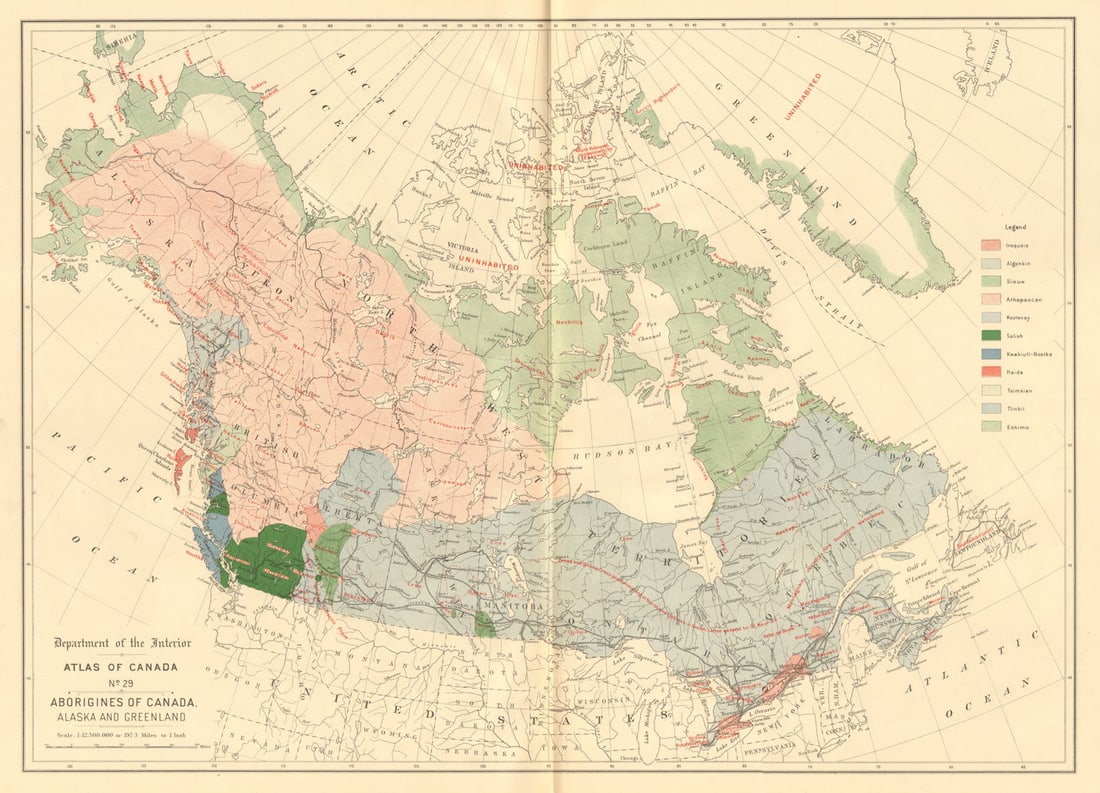 CANADA ALASKA GREENLAND ABORIGINALS Eskimo Athapascan Tlinkit Salish &c 1906 map (1 of 1)