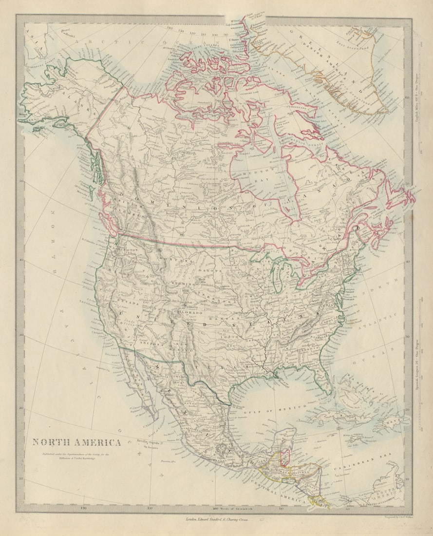 NORTH AMERICA Haida Gwaii shown as US. Maine/NB border differs. SDUK 1874 map (1 of 1)