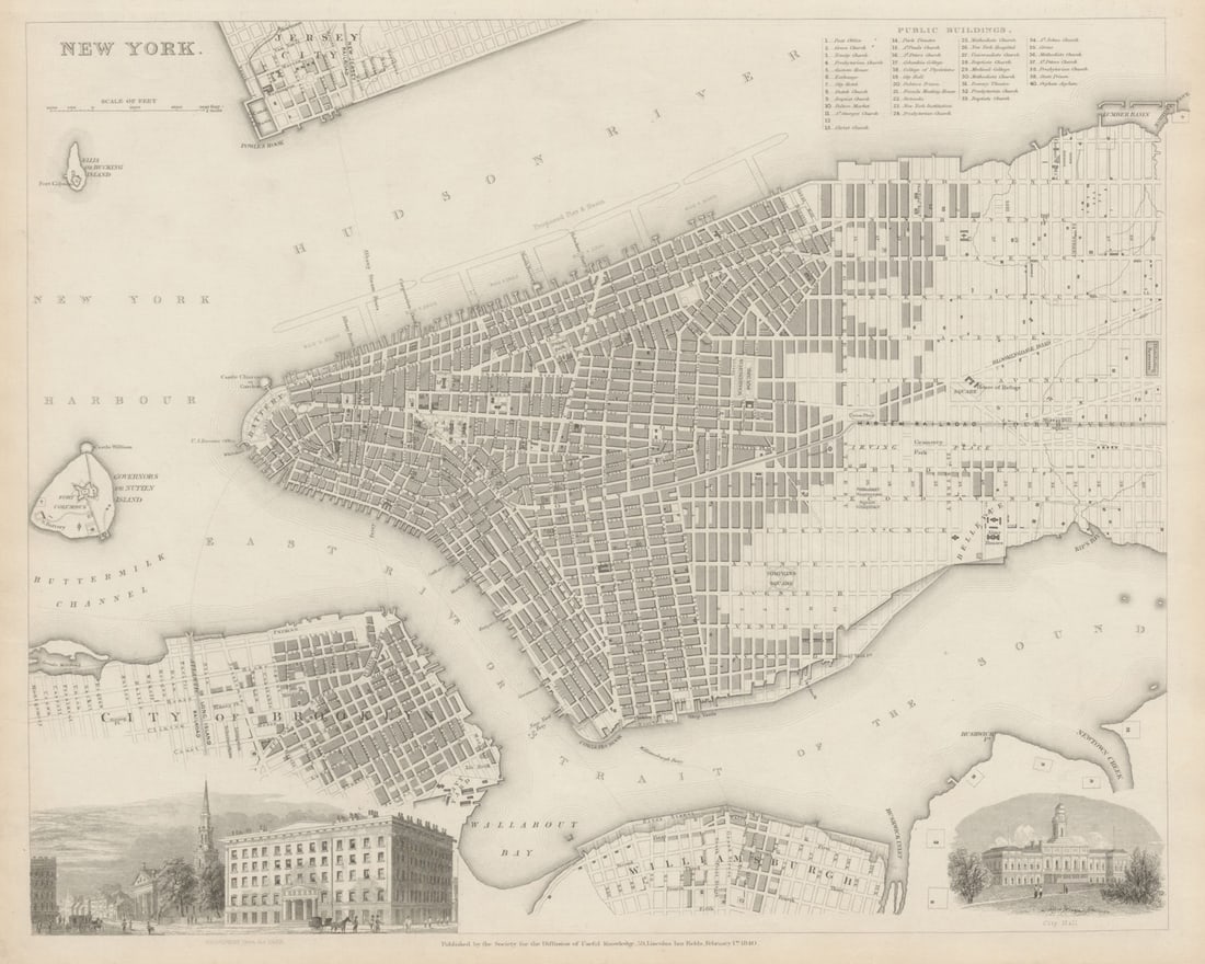 NEW YORK CITY antique town city map plan. Manhattan Brooklyn Jersey. SDUK 1844 (1 of 1)