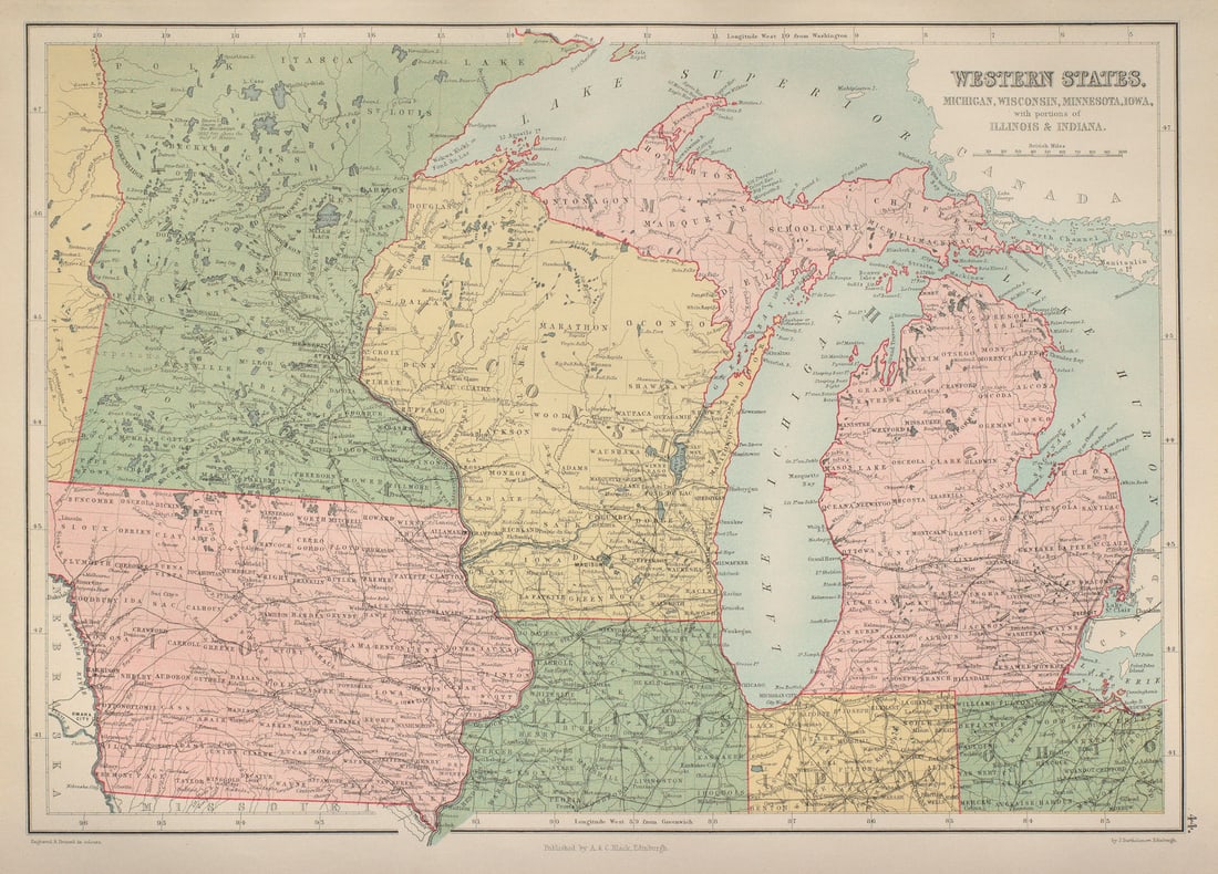 USA Midwest Great Lakes. Michigan Wisconsin Minnesota Iowa. BARTHOLOMEW 1870 map (1 of 1)
