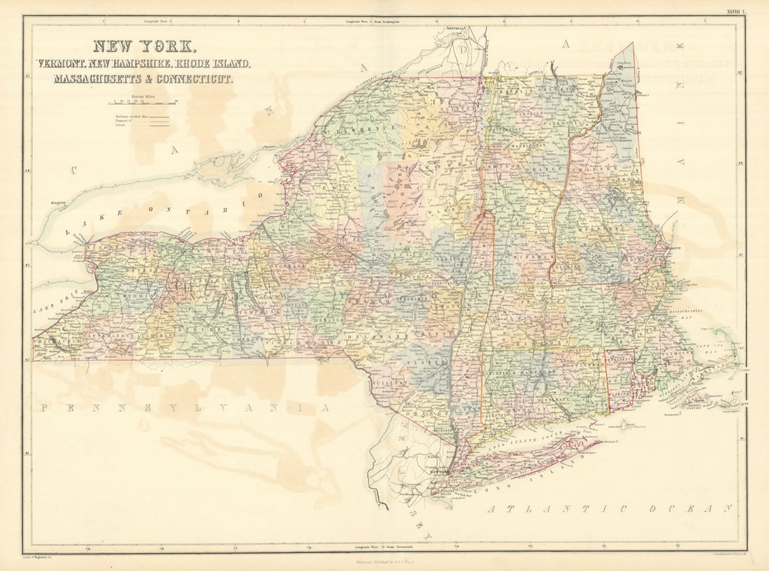 New York & New England. VT CT RI MA NH. NYC Manhattan plan. SIDNEY HALL 1854 map (1 of 1)