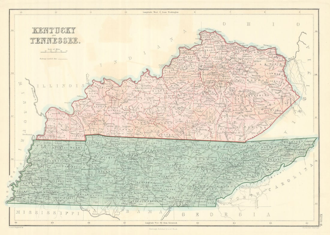 Kentucky & Tennessee state map showing counties. JOHN BARTHOLOMEW 1854 old (1 of 1)