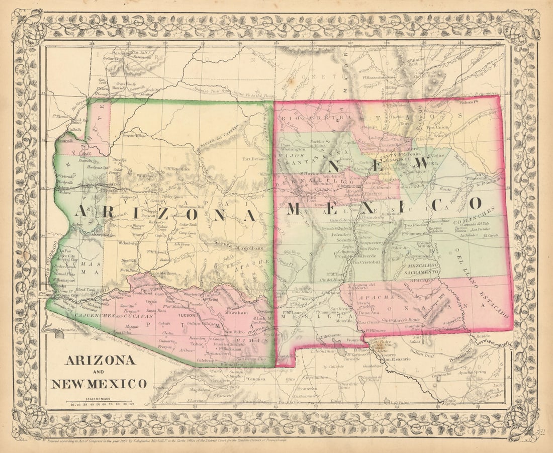 Arizona and New Mexico by Samuel Augustus Mitchell. State map. Counties 1869 (1 of 1)