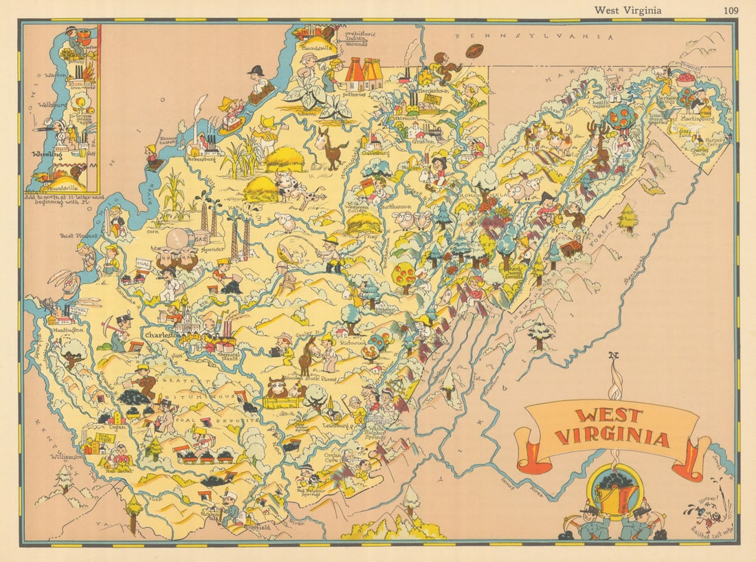 West Virginia. Pictorial state map by Ruth Taylor White 1935 old vintage (1 of 1)