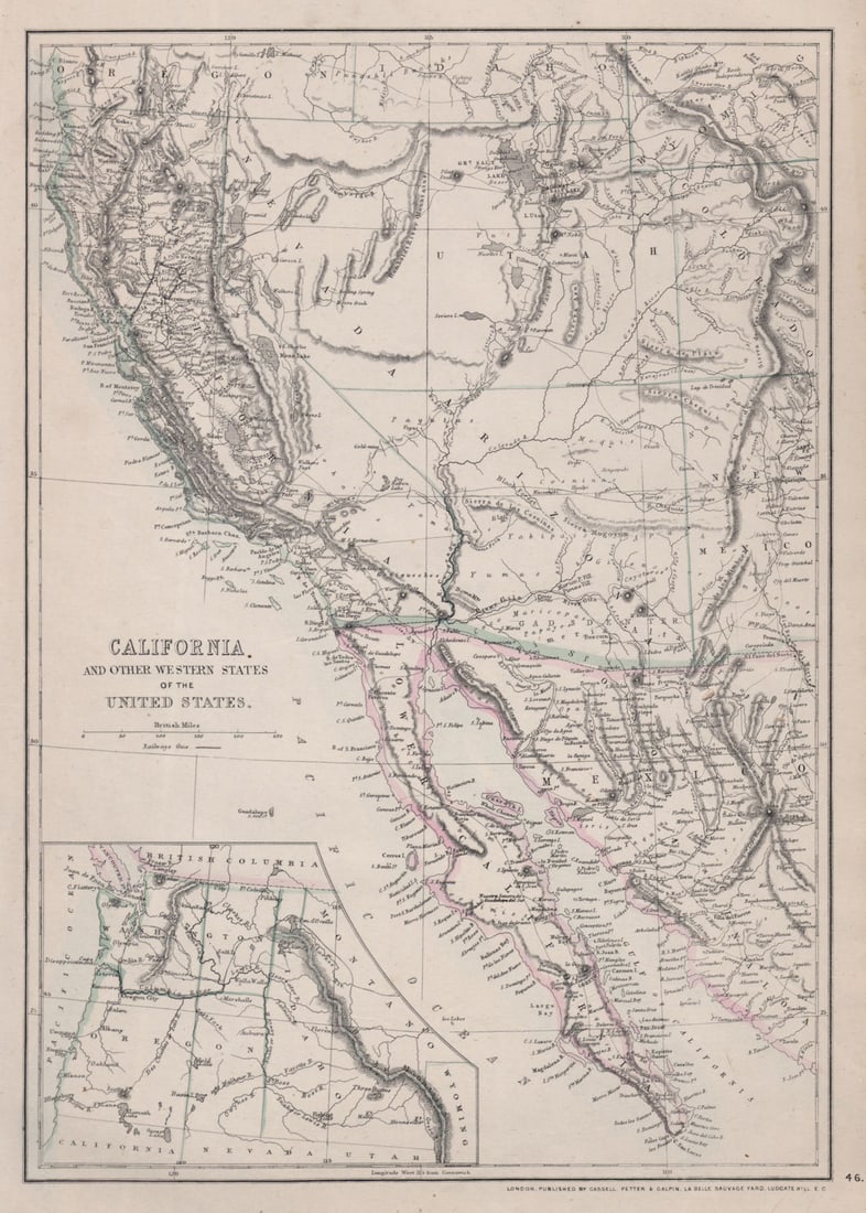 BAJA/CALIFORNIA Las Vegas in Arizona <1867 Nevada border change ETTLING 1868 map (1 of 1)