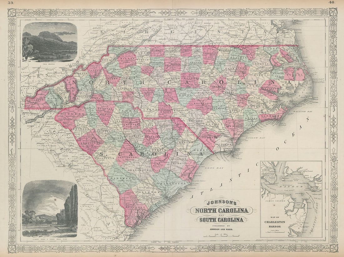 Johnson's North & South Carolina showing counties. Charleston 1865 old map: Title: Johnson's North & South Carolina showing counties. Charleston 1865 old map Description: Johnson's North and South Carolina // Charleston Harbor' by Johnson, Alvin Jewett. Published 1865. Large,