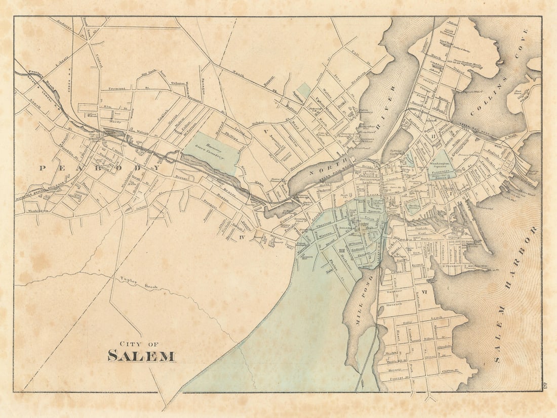 City of Salem, Massachusetts. Town plan. WALLING & GRAY 1871 old antique map: Title: City of Salem, Massachusetts. Town plan. WALLING & GRAY 1871 old antique map Description: City of Salem' by Walling, Henry Francis & Gray, Ormando Willis. Published 1871. Antique hand coloured 