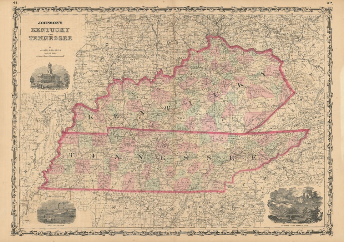 Johnson's Kentucky and Tennessee. US state map showing counties 1861 old: Title: Johnson's Kentucky and Tennessee. US state map showing counties 1861 old Description: Johnson's Kentucky and Tennessee' by Johnson, Alvin Jewett. Published 1861. Large, decorative hand coloured