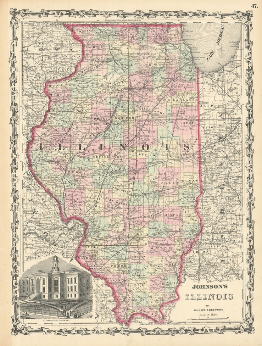 Johnson's Illinois. US state map showing counties 1861 old antique chart (1 of 1)
