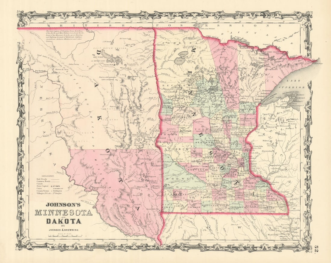 Johnson's Minnesota and Dakota [Territory]. US state map with counties 1861 (1 of 1)