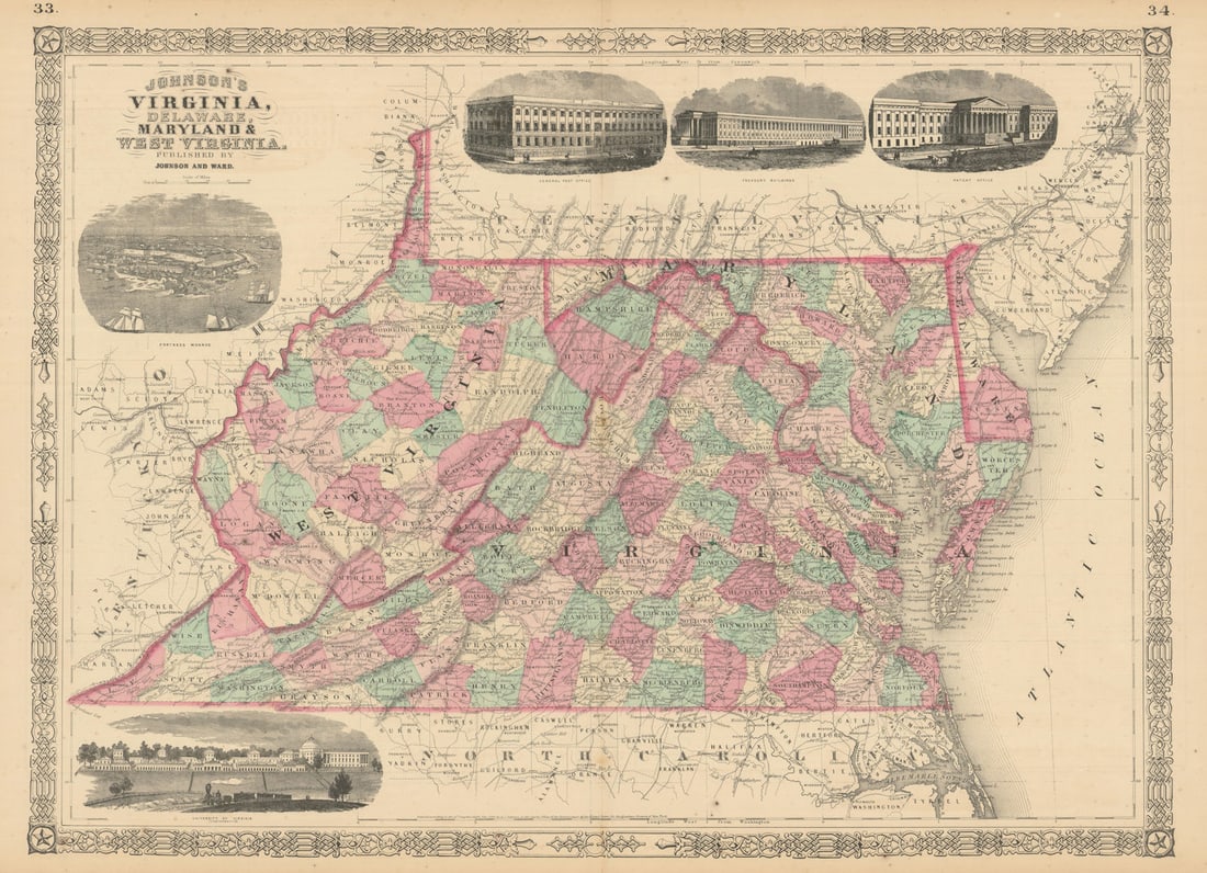 Johnson's Virginia, Delaware, Maryland & West Virginia. Counties 1866 old map (1 of 1)