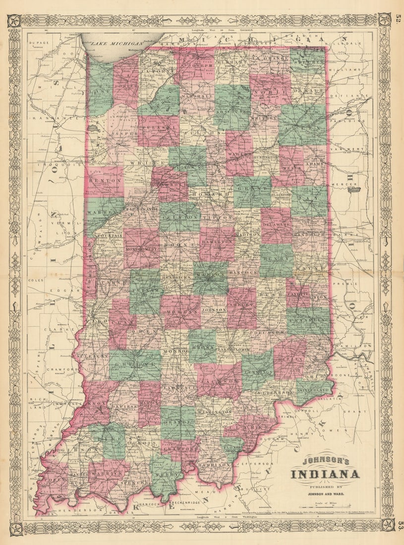 Johnson's Indiana. US state map showing counties 1866 old antique chart: Title: Johnson's Indiana. US state map showing counties 1866 old antique chart Description: Johnson's Indiana' by Johnson, Alvin Jewett. Published 1866. Large, decorative hand coloured 19th century at