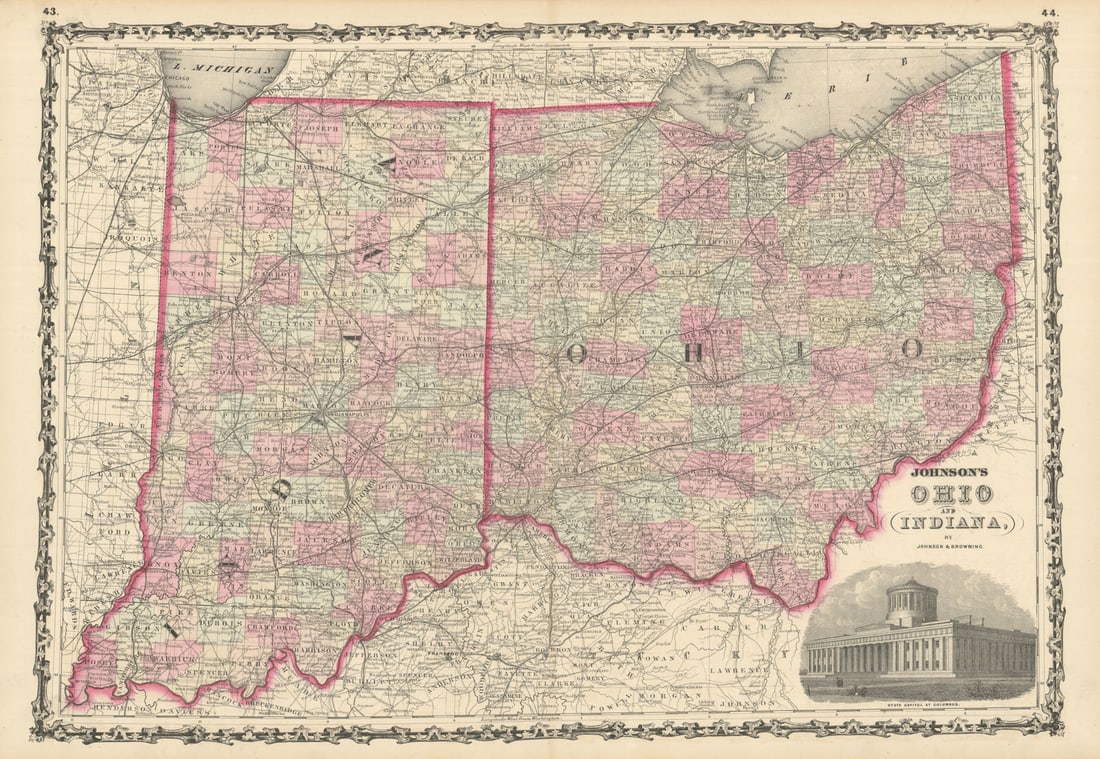 Johnson's Ohio & Indiana. US state map showing counties 1861 old antique (1 of 1)