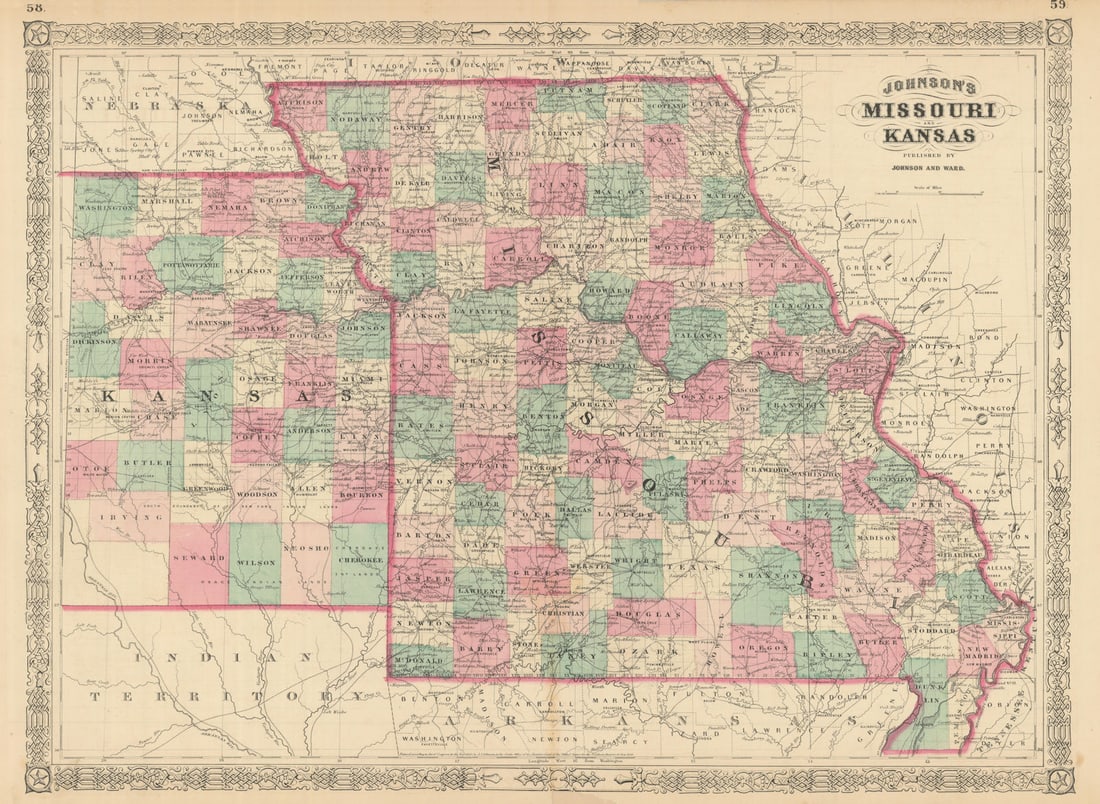 Johnson's Missouri & Kansas. US state map showing counties 1866 old: Title: Johnson's Missouri & Kansas. US state map showing counties 1866 old Description: Johnson's Missouri and Kansas' by Johnson, Alvin Jewett. Published 1866. Large, decorative hand coloured 19th ce