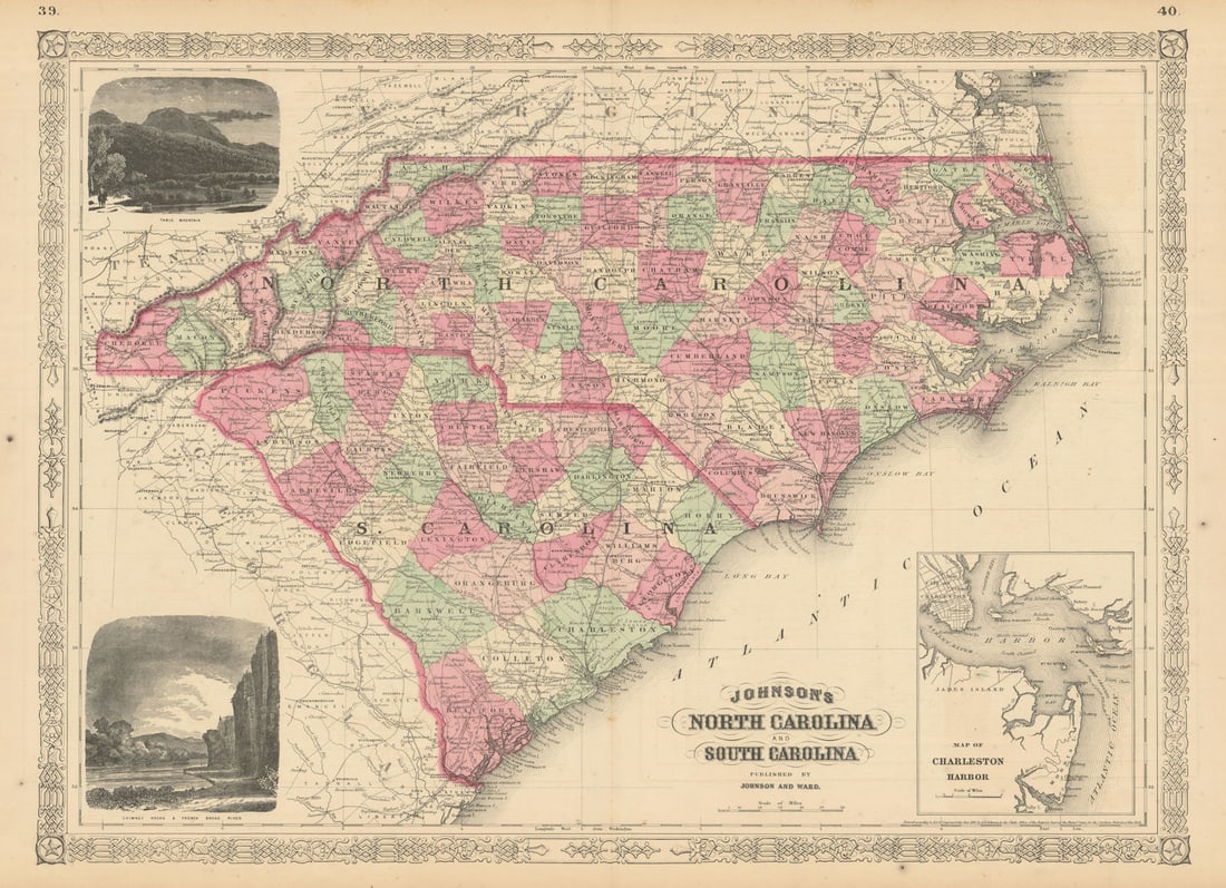 Johnson's North & South Carolina showing counties. Charleston 1866 old map (1 of 1)