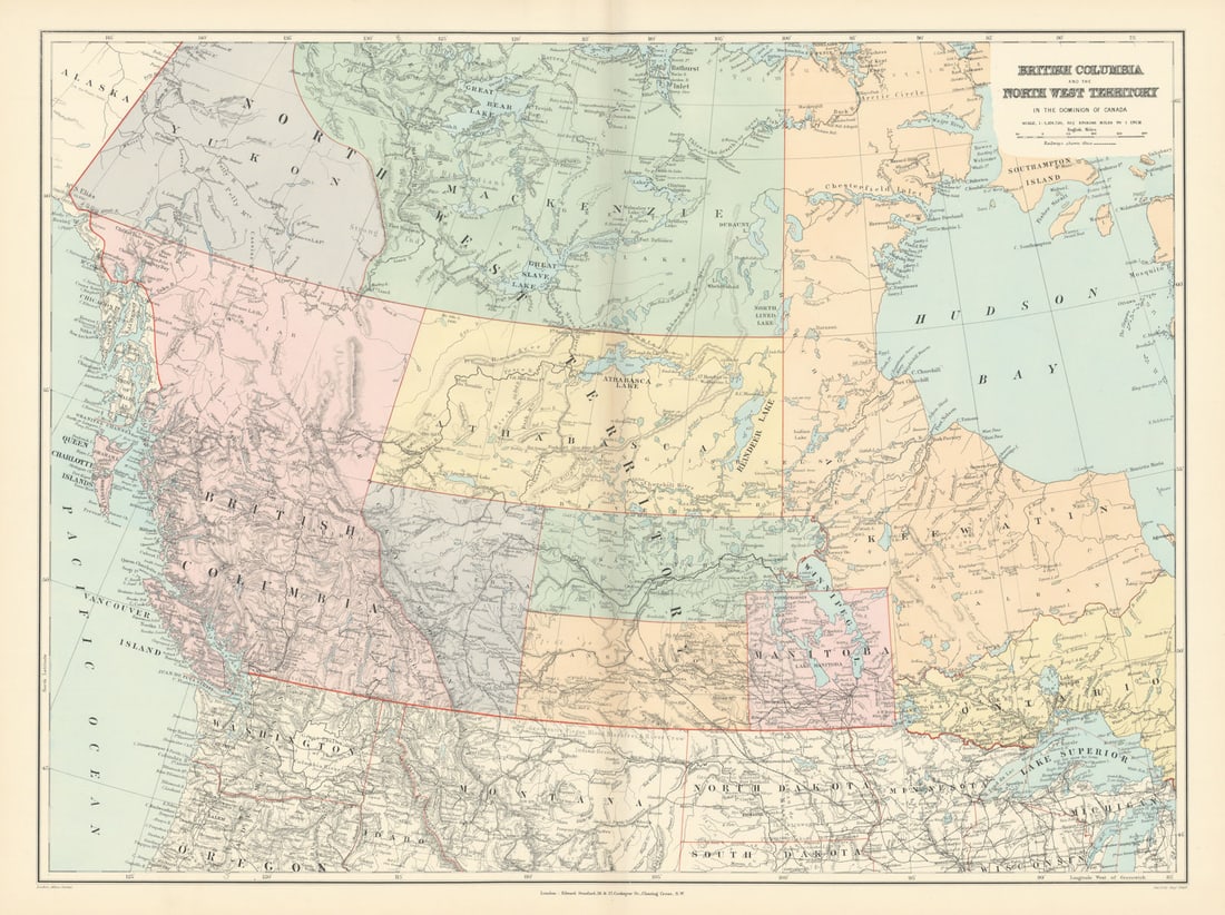 British Columbia & Northwest Territory. Manitoba Canada. STANFORD 1896 old map (1 of 1)