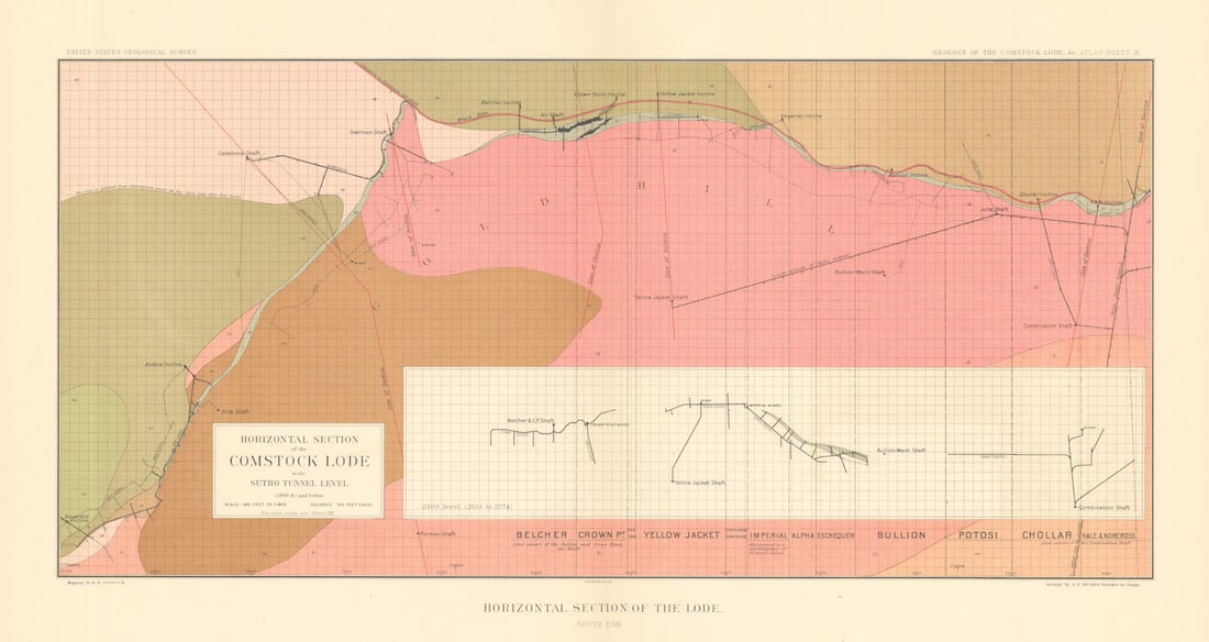 Comstock Silver Lode Horizontal section at the Sutro Tunnel, South end 1882 map (1 of 1)
