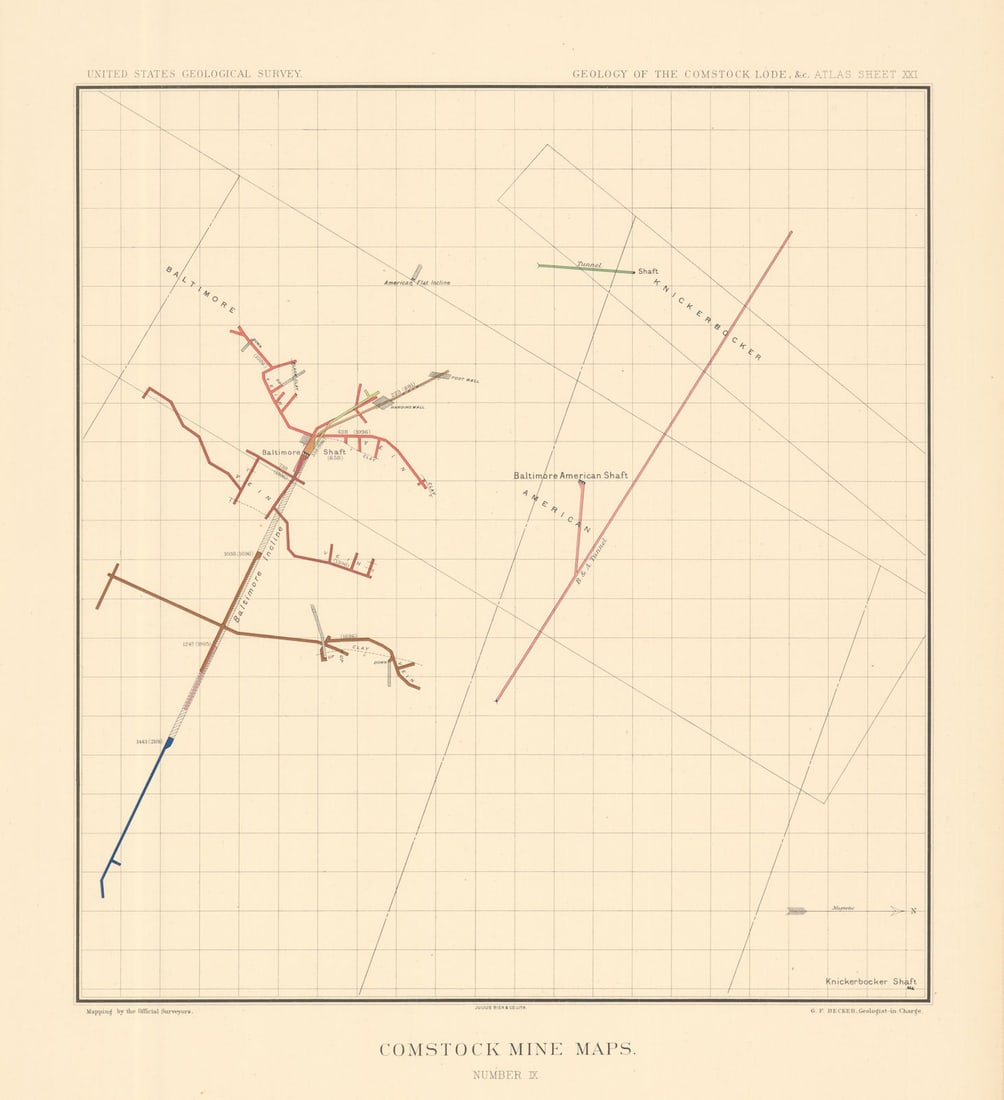 Comstock Silver Lode Mine Map 9 Knickerbocker, Baltimore Consolidated 1882 (1 of 1)