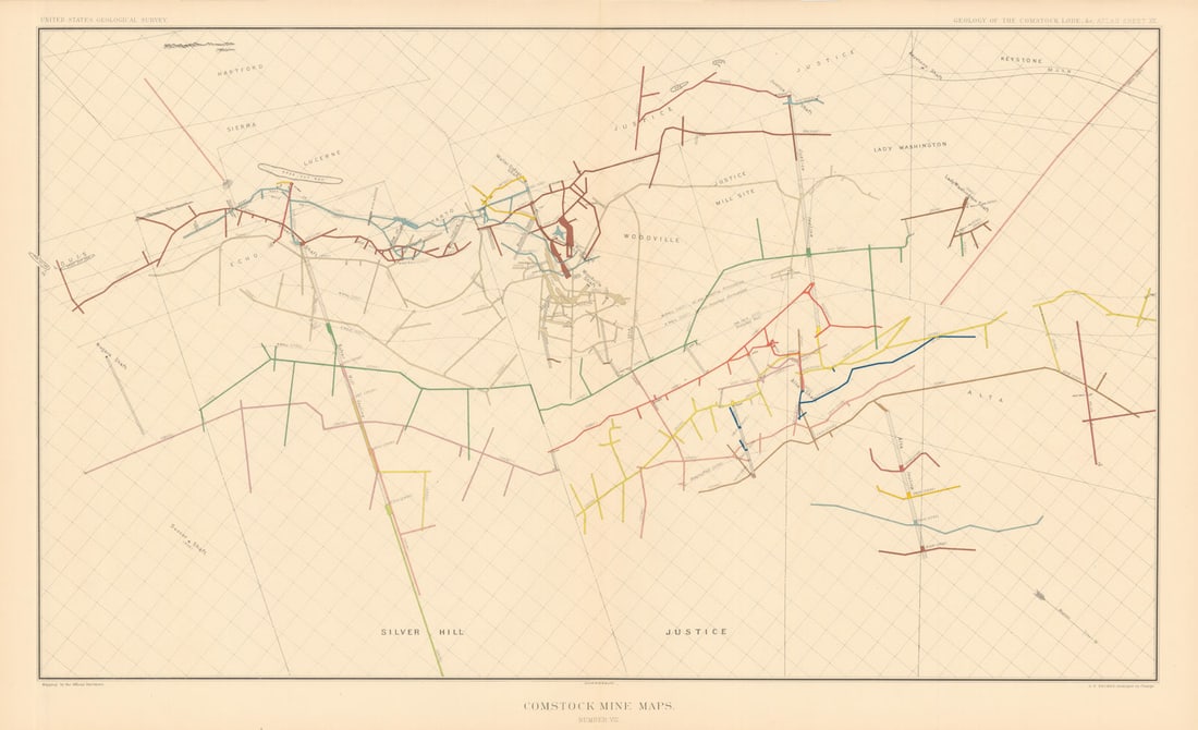 Comstock Silver Lode Mine Map 8 Alta, Justice Woodville, Succor, Niagara 1882 (1 of 1)
