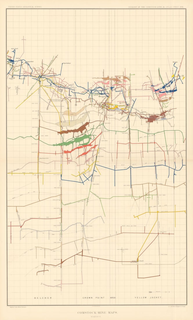 Comstock Silver Lode Mine Map 6 Yellow Jacket Kentuck Crown Point Belcher 1882 (1 of 1)