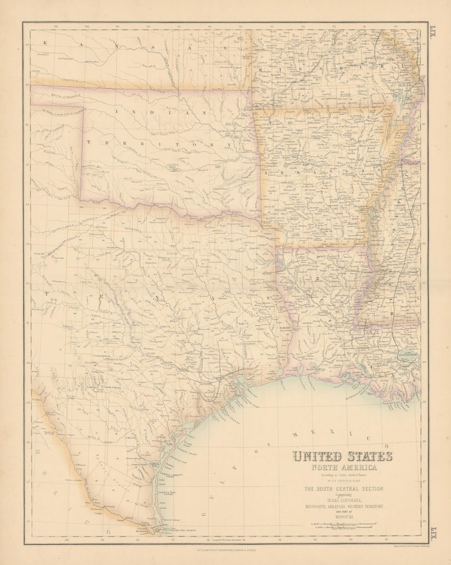 United States South Central. Texas Louisiana Arkansas Indian Territory c1863 map (1 of 1)