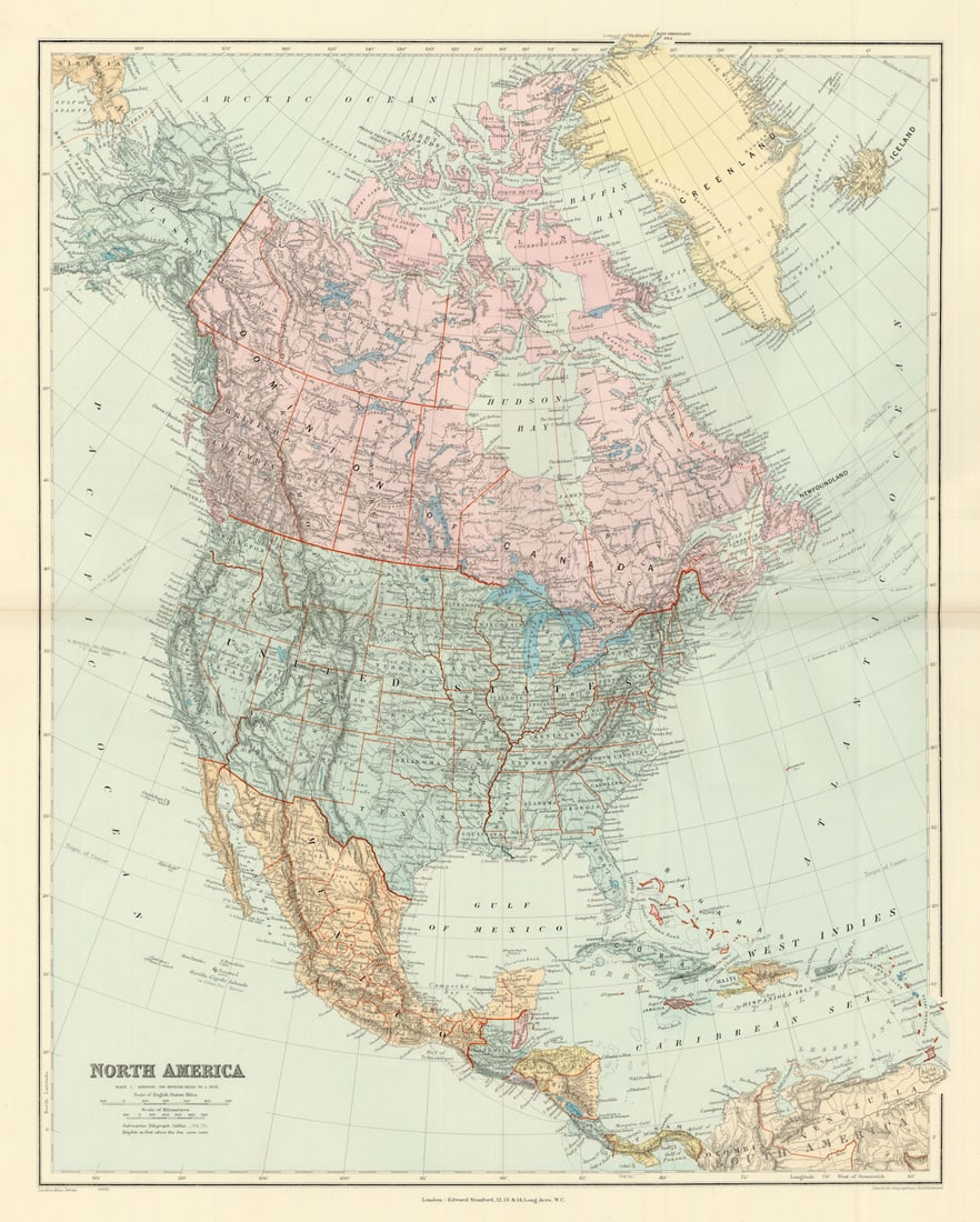 North America Manitoba postage stamp USA Canada. STANFORD 1904 old antique map (1 of 1)