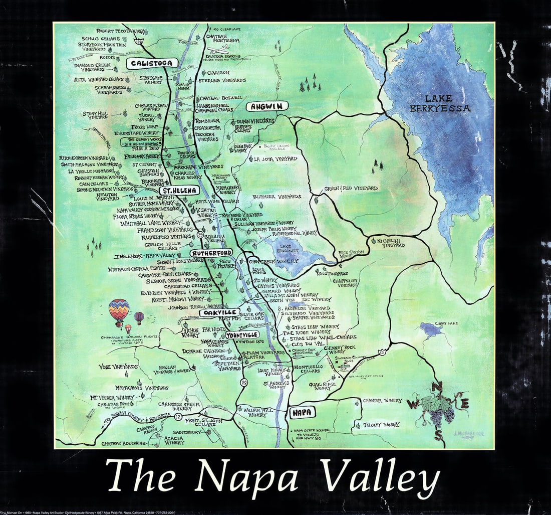 The Napa Valley, California. Wineries & wine region map by J. Michael Orr 1985 (1 of 1)