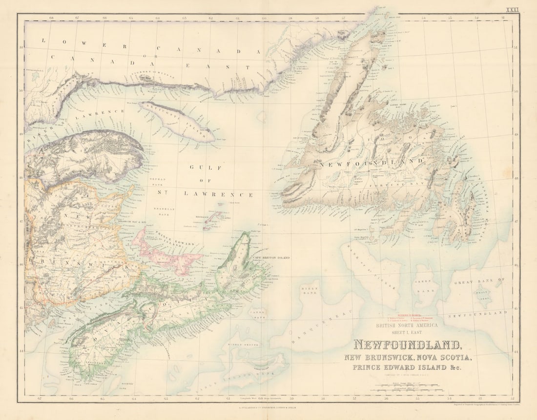 Newfoundland New Brunswick Nova Scotia PEI. Canada Maritimes FULLARTON c1863 map (1 of 1)