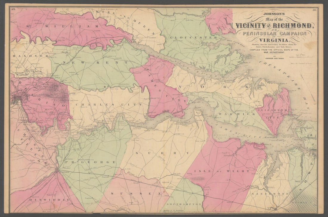 Vicinity of Richmond & Peninsular Campaign in Virginia. JOHNSON 1865 old map (1 of 1)