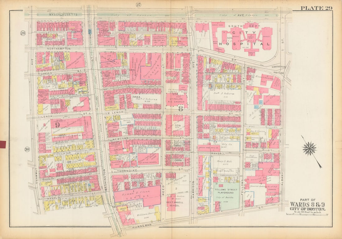 Boston #29 Lower Roxbury/SoWa. Shawmut-Albany. City Hospital. BROMLEY 1928 map: Title: Boston #29 Lower Roxbury/SoWa. Shawmut-Albany. City Hospital. BROMLEY 1928 map Description: Plate 29 - Part of Wards 8 and 9 - City of Boston [Roxbury (between Shawmut Avenue and Albany Street)