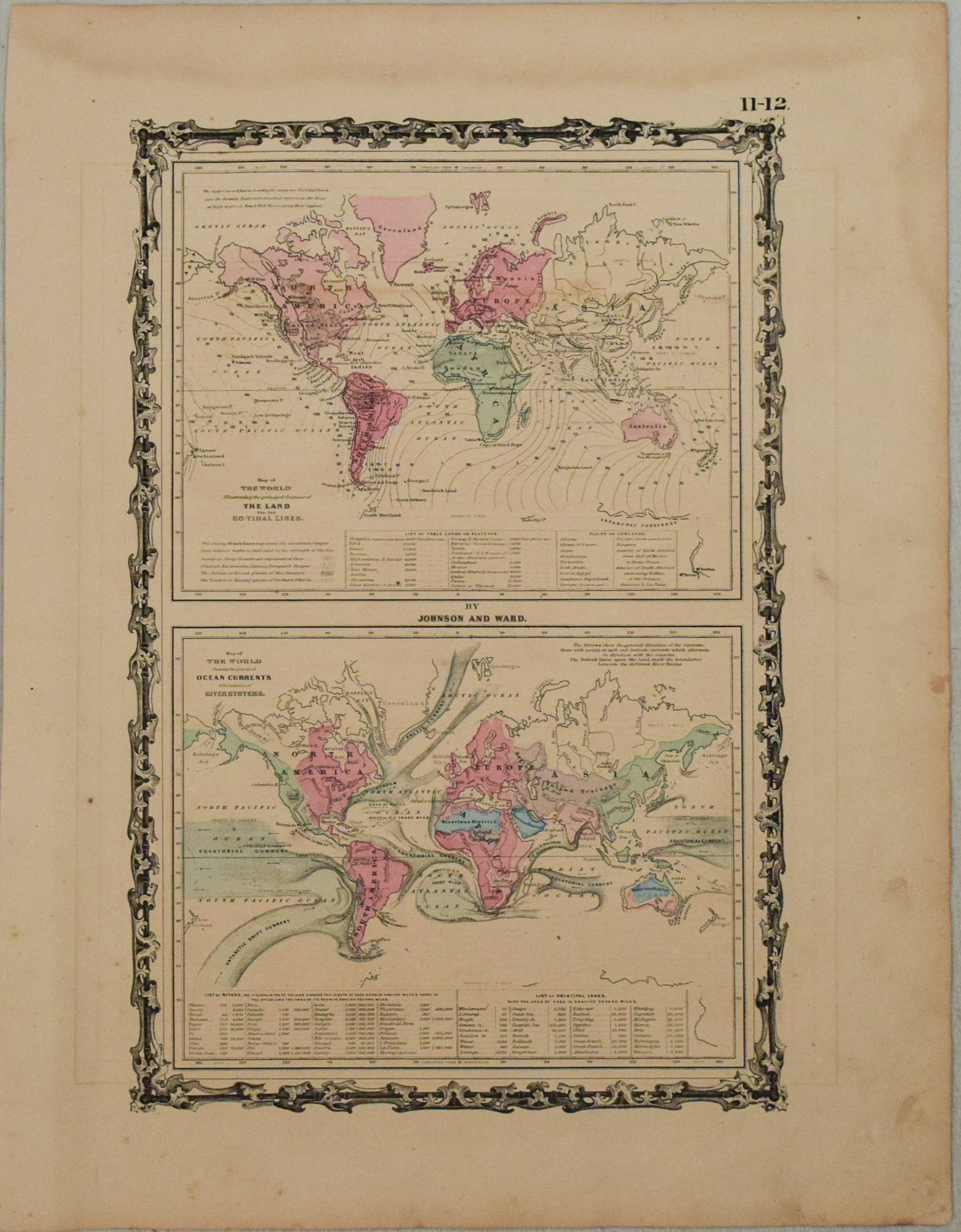 1863 Johnson Map of the World Illustrating Land, Co-tidal Lines and Ocean Currents and River Systems (1 of 1)
