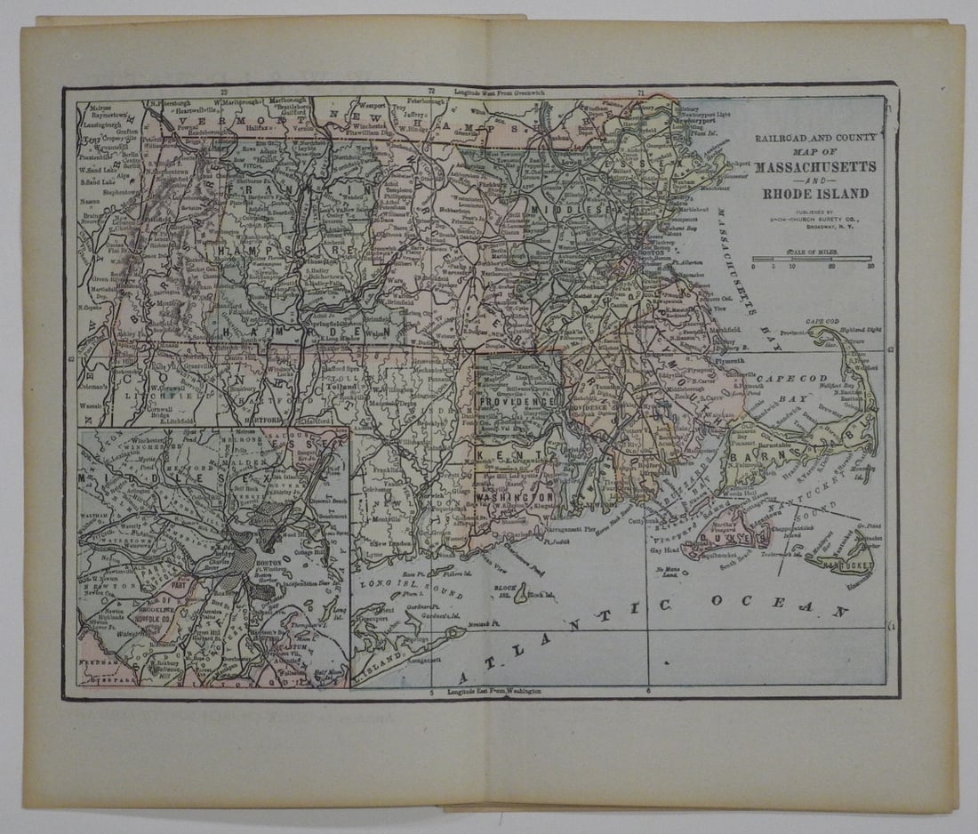 Railroad and County Map of Massachusetts: Publication Date:1900Title:Railroad and County Map of Massachusetts,li>Cartographer:SERVOSS, R. D.Publisher:THE SNOW-CHURCH SURETY CO.Brief Description:"published by Snow-Church Surety Co., Broadway,