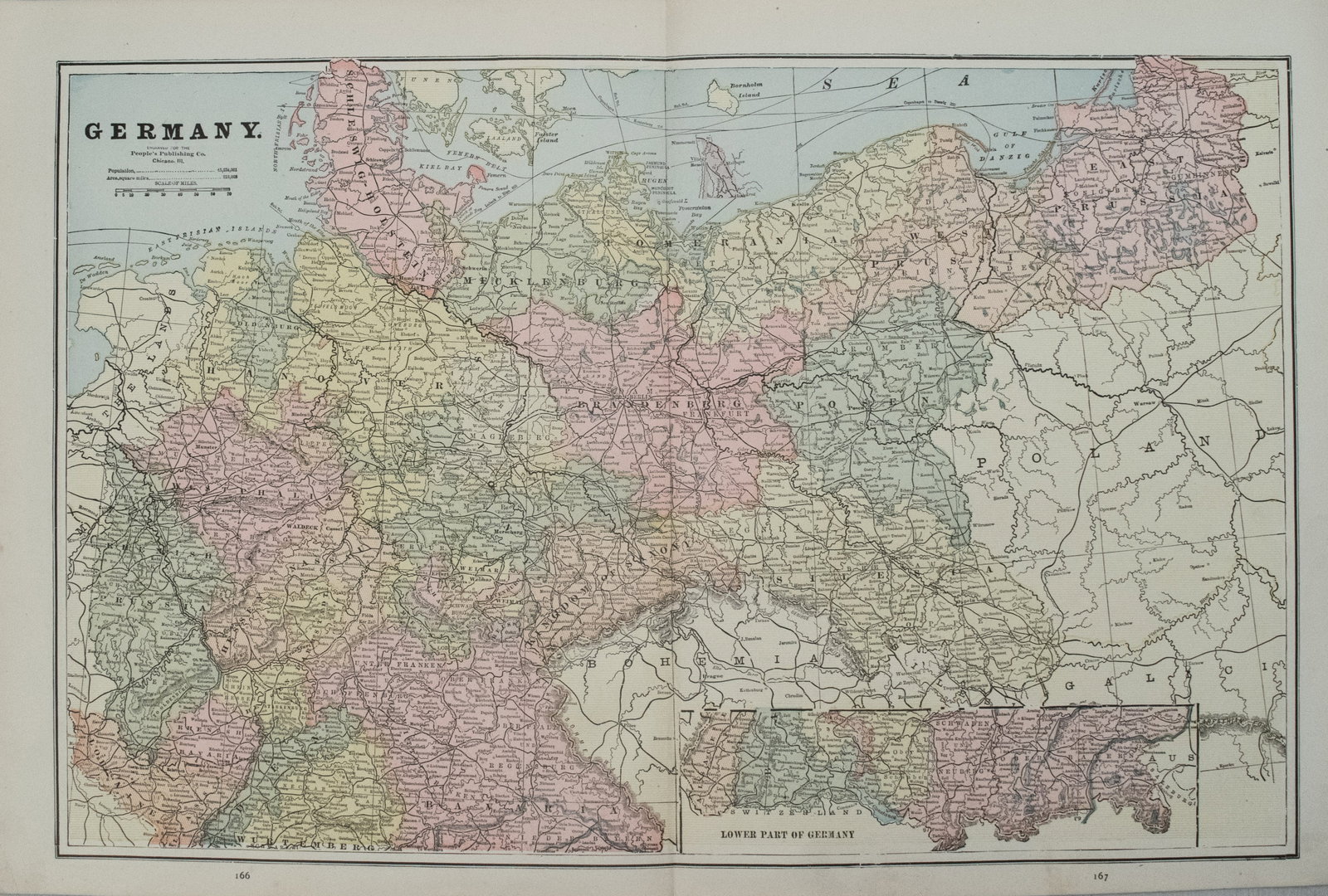 1892 Cram map of Germany -- Germany: Title: 1892 Cram map of Germany -- Germany Cartographer:People's Publishing Co/ G Cram Year/Place: 1892, Chicago Map Dimension (in.):12.8 X 19.7 in/ Description:This is a nice, double page map of Germ