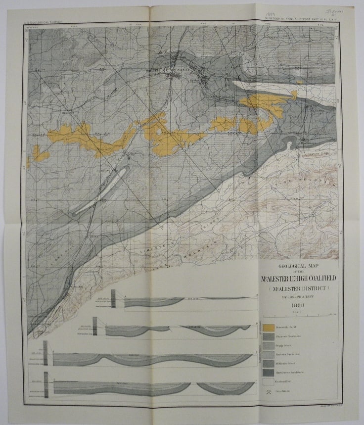 Geological Map of the McAlester-Lehigh Coal-Field (Mcalester District): Publication Date:1898Title:Geological Map of the McAlester-Lehigh Coal-Field (Mcalester District),li>Cartographer:TAFF, JOSEPH A.Publisher:U.S. GEOLOGICAL SURVEYBrief Description:From the Nineteenth