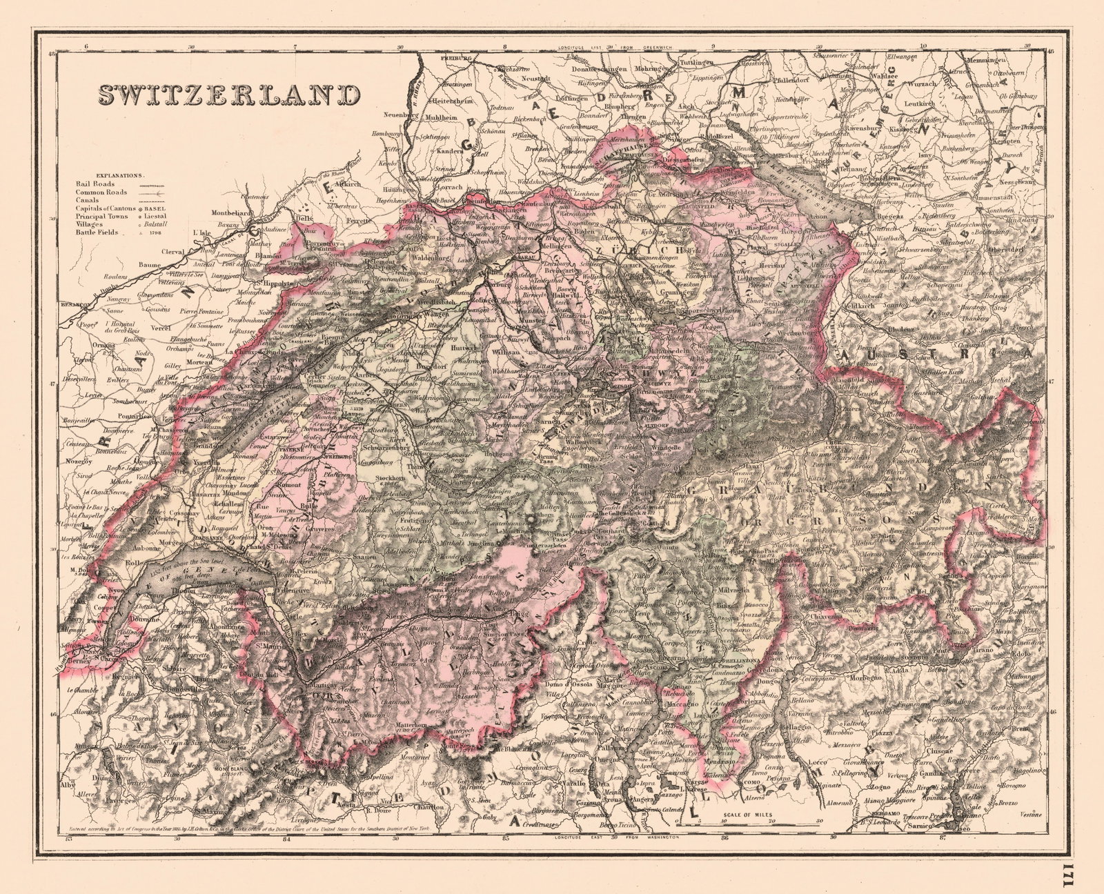 Switzerland: Publication Date:1880Title:Switzerland,li>Cartographer:COLTON, JOSEPH HUTCHINSPublisher:O.W. GRAY & SONBrief Description:Good topography by hachures. No ornamental border. 171. Colton map republished