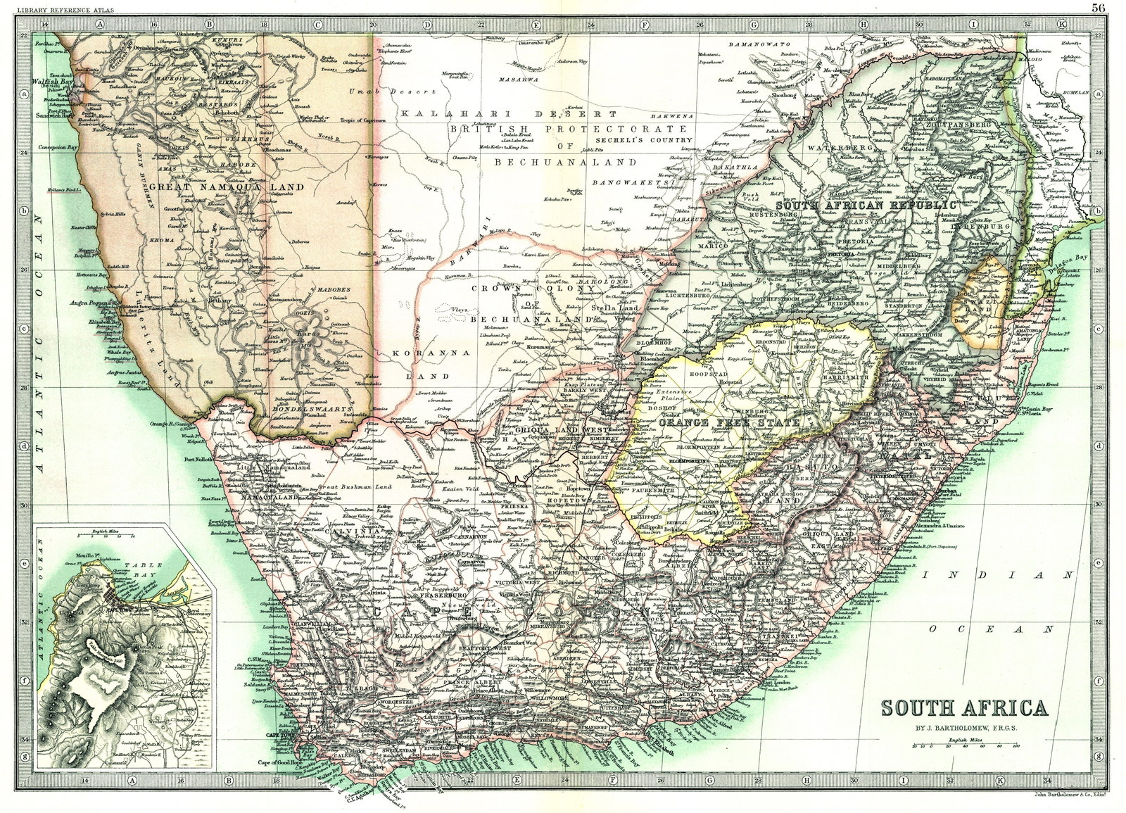 South Africa: Publication Date:1890Title:South Africa,li>Cartographer:BARTHOLOMEW, JOHN & CO.Publisher:MACMILLAN & CO.Brief Description:"By J. Bartholomew, F.R.G.S." 56 Polar projection. Inset shows environs of