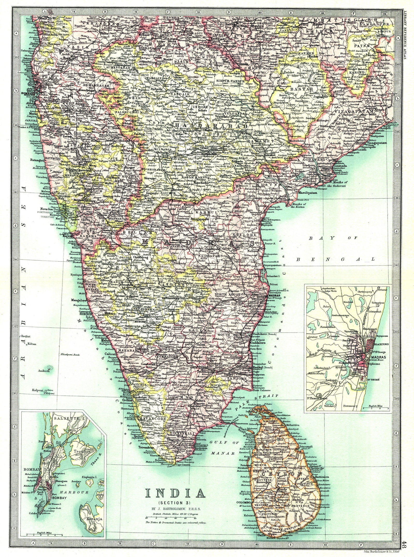 India (Section 3) [Southern India and Ceylon]: Publication Date:1890 Title:India (Section 3) [Southern India and Ceylon],li>Cartographer:BARTHOLOMEW, JOHN & CO. Publisher:MACMILLAN & CO. Brief Description:"By J. Bartholomew, F.R.G.S." 48 Polar pro
