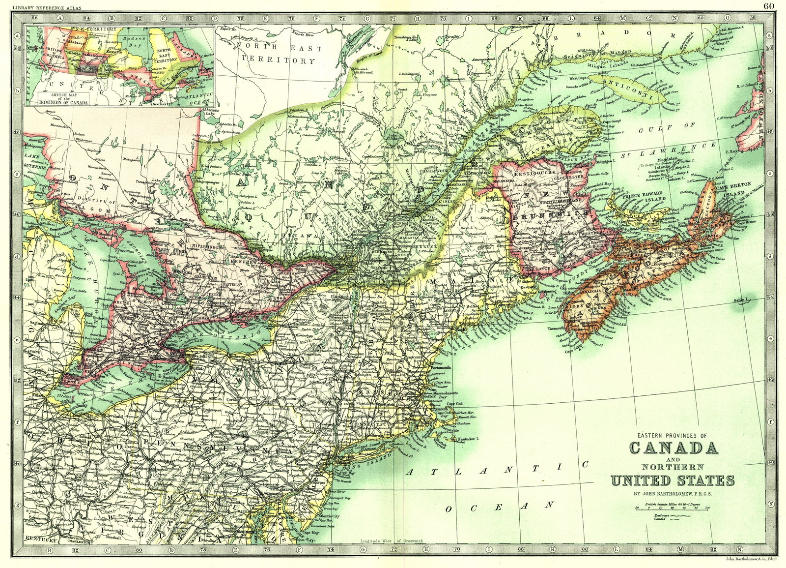 Eastern Provinces of Canada and Northern United States: Publication Date:1890Title:Eastern Provinces of Canada and Northern United States,li>Cartographer:BARTHOLOMEW, JOHN & CO.Publisher:MACMILLAN & CO.Brief Description:"By J. Bartholomew, F.R.G.S." 60