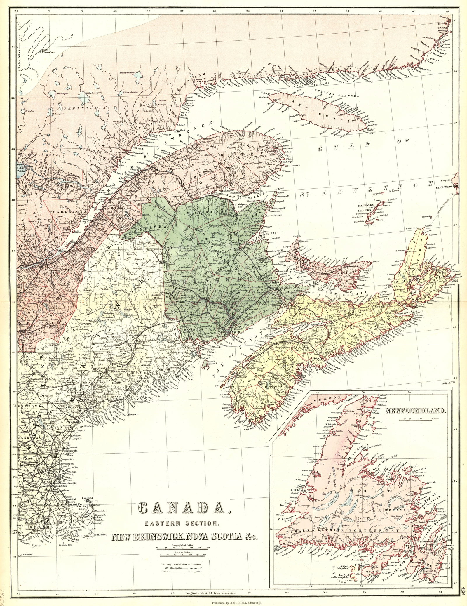 Canada, Eastern Section.: Publication Date:1879 Title:Canada, Eastern Section.,li>Cartographer:BARTHOLOMEW, J. Publisher:A. & C. Black Brief Description:"New Brunswick, Nova Scotia &c." Large inset of Newfoundland. Dry. Height