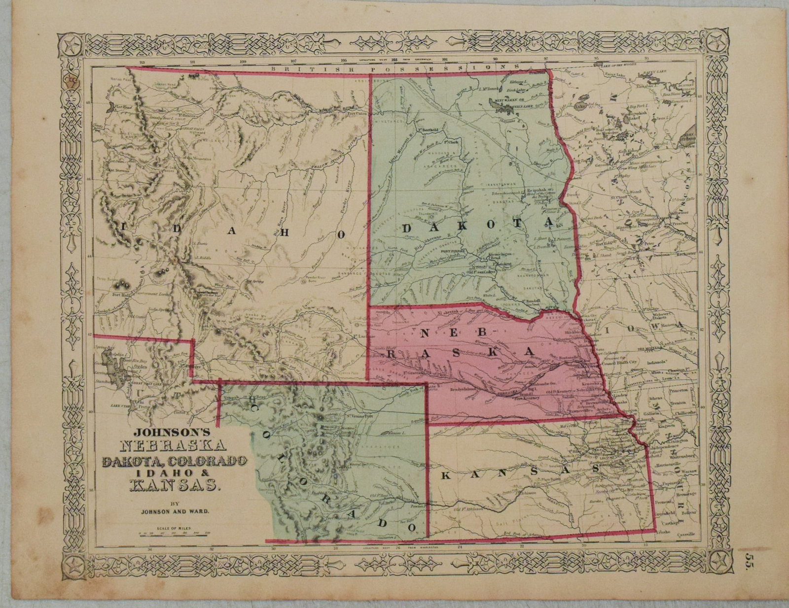 1863 Johnson Map of Nebraska, Dakotas, Idaho, Colorado and Kansas-- Johnson's Nebraska, Dakota, (1 of 1)