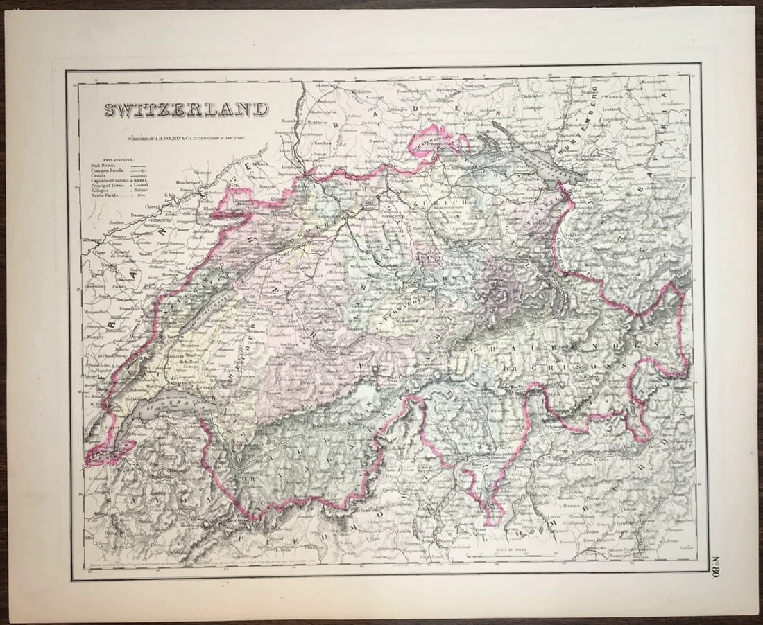 Switzerland: Publication Date:1857 Title:Switzerland,li>Cartographer:COLTON, JOSEPH HUTCHINS Publisher:J.H. COLTON & CO. Brief Description:Good topography by hachures. No ornamental border. No.80. Height:15.75 Wid