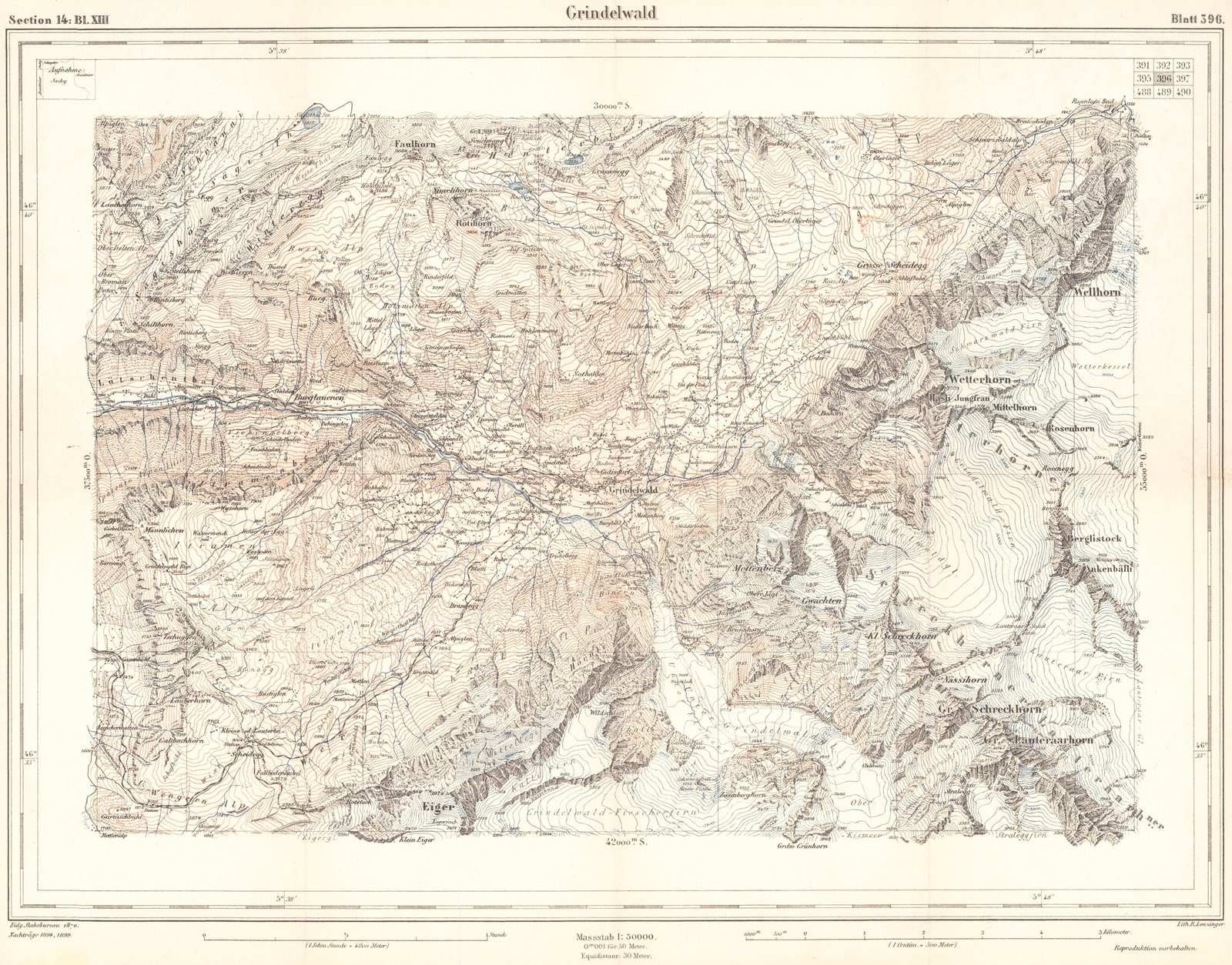 Grindelwald: Publication Date:1899Title:Grindelwald,li>Cartographer:LEUZINGER, R.Publisher:EIDG. TOPOGRAPHISCHES BUREAUBrief Description:"Blatt Nr. 396. Topographischer Atlas der Schweiz. (Siegfriedatlas.)