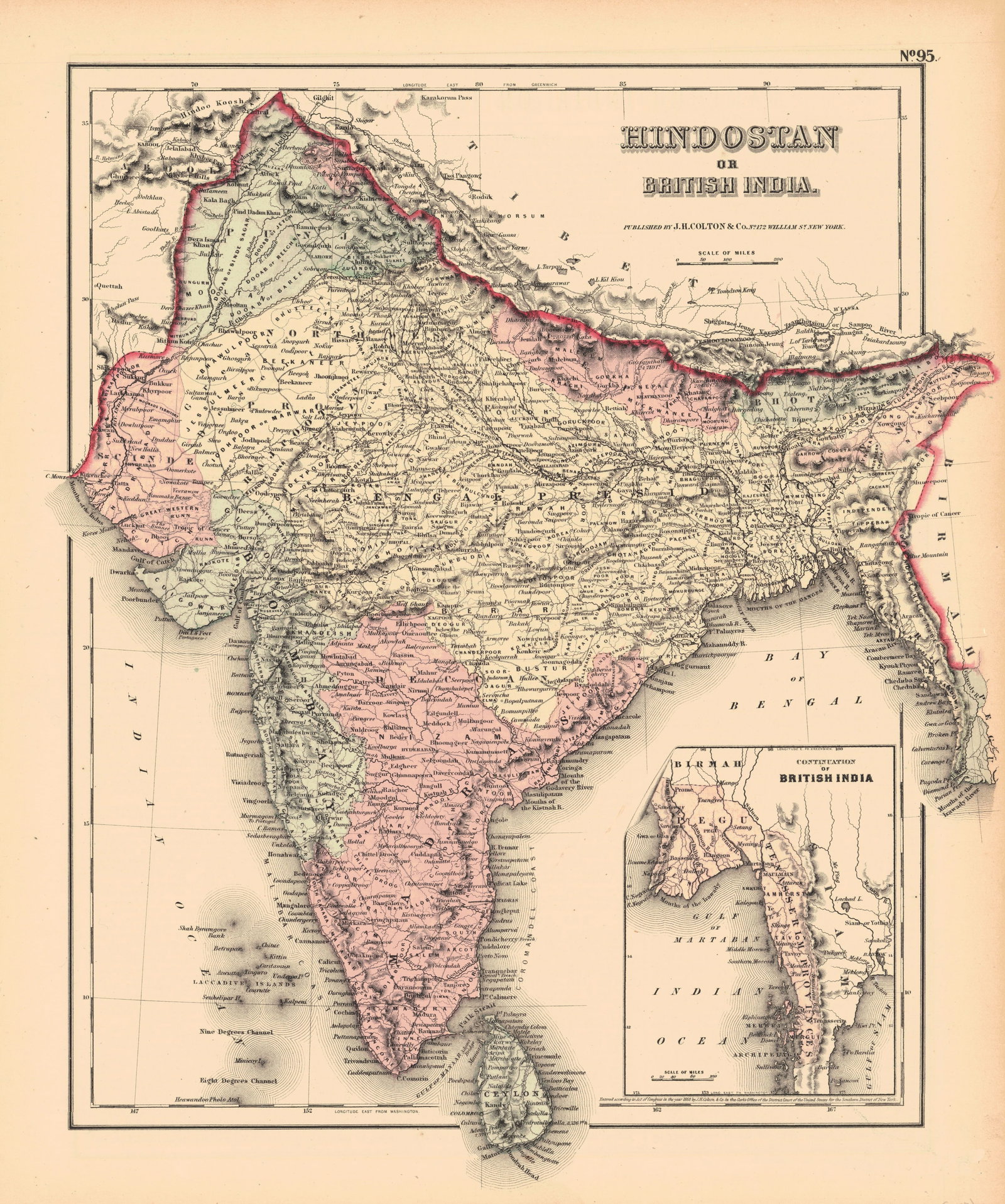 Colton's Hindostan Or British India.: Publication Date:1857 Title:Colton's Hindostan Or British India.,li>Cartographer:COLTON, JOSEPH HUTCHINS Publisher:J.H. COLTON & CO. Brief Description:Inset shows British provinces on the Gulf of Mart